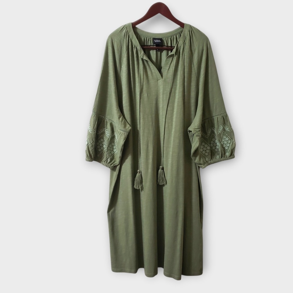 Ulla Popken Boho Embroidered Tassel Tie Jersey Shift Dress Pond Green Sz 24/26